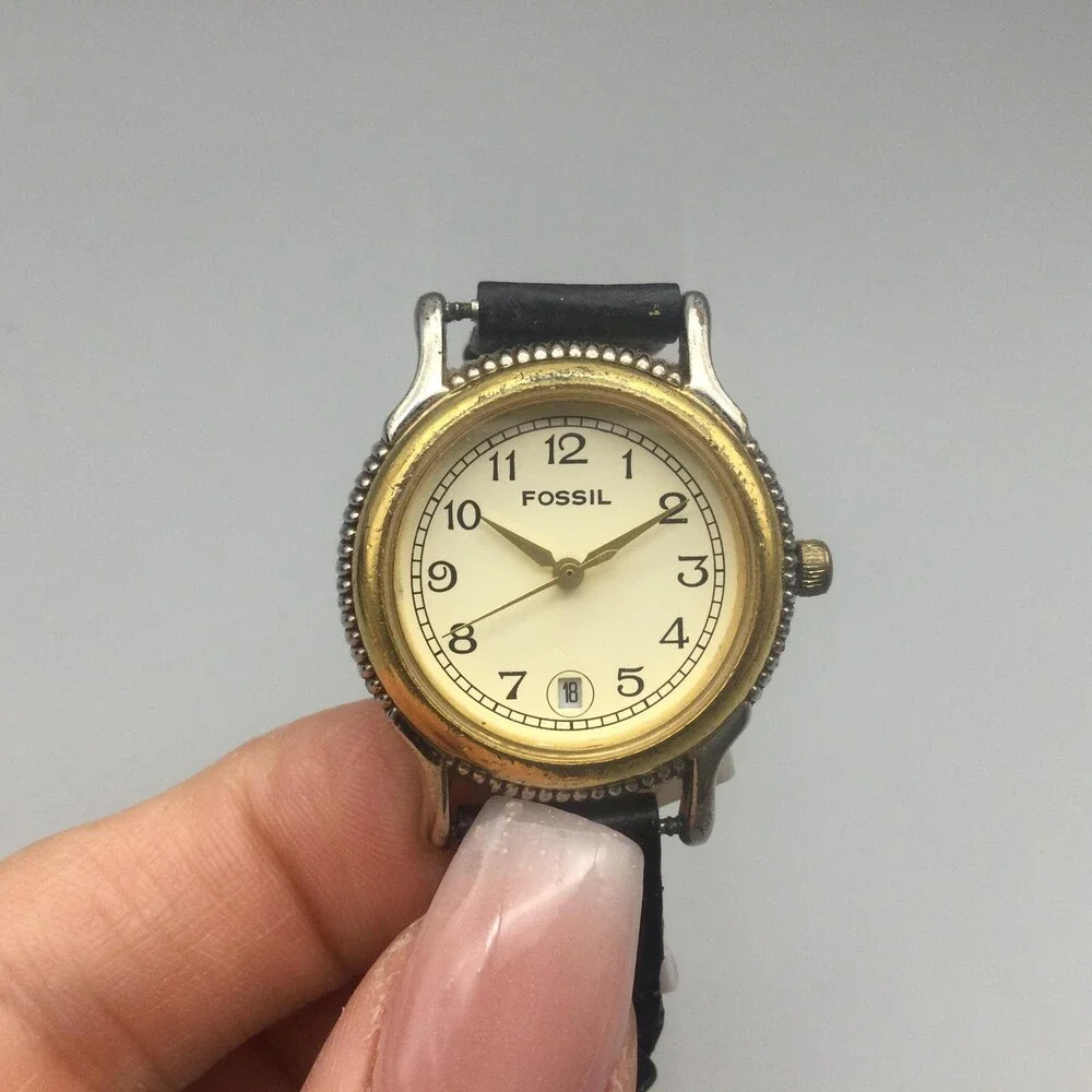 Vtg Fossil Women Watch 27mm Two Tone Braided Black Leather Date New Battery